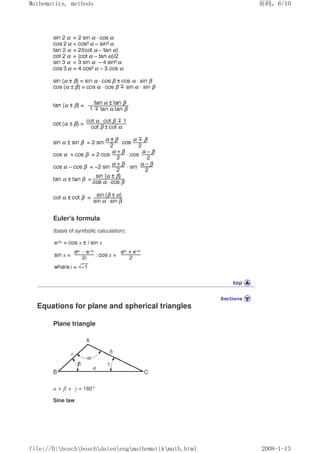Euler's formula
(basis of symbolic calculation):
Equations for plane and spherical triangles
Plane triangle
α + β + γ = 180°
Sine law
页码，6/10
Mathematics, methods
2008-1-13
file://D:boschboschdatenengmathematikmath.html
 