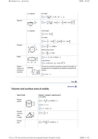 φ in degrees Arc length
Segment
φ in degrees Chord length
Arc height
Hexagon
Width across corners
Ellipse A = π · D · d/4 = 0,785 D · d
Circumference
Pappus
theorem for
surfaces of
revolution
The area of a surface of revolution is equal to the length l of
the generatrix line multiplied by the distance traveled by the
centroid
A = 2π · r · l
Volume and surface area of solids
Type of solid Volume V, surface S, lateral area M
π ≈
≈
≈
≈3,1416
Regular
cylinder
M = π · d · h,
S = π · d (d/2 + h)
Pyramid
A Area of
base
h Height
Circular
cone
页码，9/10
Mathematics, methods
2008-1-13
file://D:boschboschdatenengmathematikmath.html
 