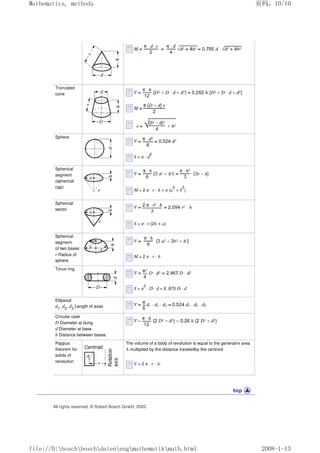 Truncated
cone
Sphere
S = π · d
2
Spherical
segment
(spherical
cap)
M = 2 π · r · h = π (a
2
+ h
2
)
Spherical
sector
S = π · r (2h + a)
Spherical
segment
of two bases
r Radius of
sphere
M = 2 π · r · h
Torus ring
S = π
2
· D · d = 9 ,870 D · d
Ellipsoid
d1
, d2
, d3
Length of axes
Circular cask
D Diameter at bung
d Diameter at base
h Distance between bases
Pappus
theorem for
solids of
revolution
The volume of a body of revolution is equal to the generatrix area
A multiplied by the distance traveledby the centroid
V = 2 π · r · A.
All rights reserved. © Robert Bosch GmbH, 2002
页码，10/10
Mathematics, methods
2008-1-13
file://D:boschboschdatenengmathematikmath.html
 