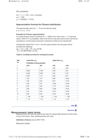 90% probability?
At i = 1, α = 10%, Table 4 provides:
npo' = 3.89
po' = 3.89/500 = 7.78 ‰.
Approximation formula for Poisson distribution
The approximate value for i  10 can be derived using:
Example for Poisson approximation:
In a preproduction series consisting of n = 10000 units, there were i = 17 warranty
claims. With 97.5 % probability, what is the limit for warranty claims which will not be
exceeded in normal series production if identical conditions are maintained?
Inserting the values from Table 4 into the approximation formula given above
provides the following:
Table 4. Confidence limits for infrequent events
Obs.
no.
Lower limit n p'u
Upper limit n p'o
Probability of being exceeded
i 2.5% 10% 10% 2.5%
0 — — 2.30 3.69
1 0.025 0.105 3.89 5.57
2 0.242 0.532 5.32 7.22
3 0.619 1.10 6.68 8.77
4 1.09 1.74 8.00 10.24
5 1.62 2.43 9.27 11.67
6 2.20 3.15 10.53 13.06
7 2.81 3.89 11.77 14.42
8 3.45 4.66 12.99 15.76
9 4.12 5.43 14.21 17.08
10 4.80 6.22 15.41 18.39
u – 1.96 – 1.28 + 1.28 + 1.96
k + 1.0 + 0.2 + 1.2 + 2.0
Measurement: basic terms
Measurements can only be used as the basis for responsible decisions if their limits
of error are known. Here, statistical terms are used.
Definition of terms (as per DIN 1319):
Measured variable
页码，11/13
Mathematics, methods
2008-1-30
file://D:boschboschdatenengmathematikstati.html
 