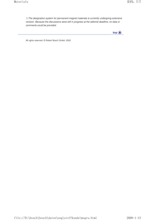 1) The designation system for permanent-magnet materials is currently undergoing extensive
revision. Because the discussions were still in progress at the editorial deadline, no data or
comments could be provided.
All rights reserved. © Robert Bosch GmbH, 2002
页码，7/7
Materials
2008-1-13
file://D:boschboschdatenengstoffkundewegru.html
 