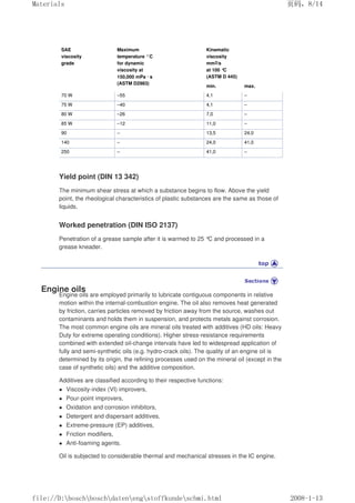 SAE
viscosity
grade
Maximum
temperature °C
for dynamic
viscosity at
150,000 mPa · s
(ASTM D2983)
Kinematic
viscosity
mm2/s
at 100 °
C
(ASTM D 445)
min. max.
70 W –55 4,1 –
75 W –40 4,1 –
80 W –26 7,0 –
85 W –12 11,0 –
90 – 13,5 24,0
140 – 24,0 41,0
250 – 41,0 –
Yield point (DIN 13 342)
The minimum shear stress at which a substance begins to flow. Above the yield
point, the rheological characteristics of plastic substances are the same as those of
liquids.
Worked penetration (DIN ISO 2137)
Penetration of a grease sample after it is warmed to 25 °
C and processed in a
grease kneader.
Engine oils
Engine oils are employed primarily to lubricate contiguous components in relative
motion within the internal-combustion engine. The oil also removes heat generated
by friction, carries particles removed by friction away from the source, washes out
contaminants and holds them in suspension, and protects metals against corrosion.
The most common engine oils are mineral oils treated with additives (HD oils: Heavy
Duty for extreme operating conditions). Higher stress-resistance requirements
combined with extended oil-change intervals have led to widespread application of
fully and semi-synthetic oils (e.g. hydro-crack oils). The quality of an engine oil is
determined by its origin, the refining processes used on the mineral oil (except in the
case of synthetic oils) and the additive composition.
Additives are classified according to their respective functions:
 Viscosity-index (VI) improvers,
 Pour-point improvers,
 Oxidation and corrosion inhibitors,
 Detergent and dispersant additives,
 Extreme-pressure (EP) additives,
 Friction modifiers,
 Anti-foaming agents.
Oil is subjected to considerable thermal and mechanical stresses in the IC engine.
页码，8/14
Materials
2008-1-13
file://D:boschboschdatenengstoffkundeschmi.html
 