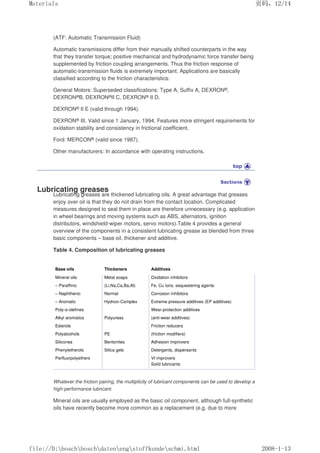 (ATF: Automatic Transmission Fluid)
Automatic transmissions differ from their manually shifted counterparts in the way
that they transfer torque; positive mechanical and hydrodynamic force transfer being
supplemented by friction coupling arrangements. Thus the friction response of
automatic-transmission fluids is extremely important. Applications are basically
classified according to the friction characteristics:
General Motors: Superseded classifications: Type A, Suffix A, DEXRON®,
DEXRON®B, DEXRON®II C, DEXRON® II D.
DEXRON® II E (valid through 1994).
DEXRON® III. Valid since 1 January, 1994. Features more stringent requirements for
oxidation stability and consistency in frictional coefficient.
Ford: MERCON® (valid since 1987).
Other manufacturers: In accordance with operating instructions.
Lubricating greases
Lubricating greases are thickened lubricating oils. A great advantage that greases
enjoy over oil is that they do not drain from the contact location. Complicated
measures designed to seal them in place are therefore unnecessary (e.g. application
in wheel bearings and moving systems such as ABS, alternators, ignition
distributors, windshield-wiper motors, servo motors).Table 4 provides a general
overview of the components in a consistent lubricating grease as blended from three
basic components – base oil, thickener and additive.
Table 4. Composition of lubricating greases
Base oils Thickeners Additives
Mineral oils Metal soaps Oxidation inhibitors
– Paraffinic (Li,Na,Ca,Ba,Al) Fe, Cu ions, sequestering agents
– Naphthenic Normal Corrosion inhibitors
– Aromatic Hydroxi-Complex Extreme-pressure additives (EP additives)
Poly-α-olefines Wear-protection additives
Alkyl aromatics Polyureas (anti-wear additives)
Esterols Friction reducers
Polyalcohols PE (friction modifiers)
Silicones Bentonites Adhesion improvers
Phenyletherols Silica gels Detergents, dispersants
Perfluorpolyethers VI improvers
Solid lubricants
Whatever the friction pairing, the multiplicity of lubricant components can be used to develop a
high-performance lubricant.
Mineral oils are usually employed as the basic oil component, although full-synthetic
oils have recently become more common as a replacement (e.g. due to more
页码，12/14
Materials
2008-1-13
file://D:boschboschdatenengstoffkundeschmi.html
 