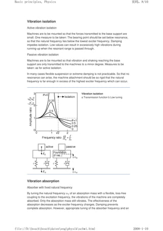 Vibration isolation
Active vibration isolation
Machines are to be mounted so that the forces transmitted to the base support are
small. One measure to be taken: The bearing point should be set below resonance,
so that the natural frequency lies below the lowest exciter frequency. Damping
impedes isolation. Low values can result in excessively high vibrations during
running-up when the resonant range is passed through.
Passive vibration isolation
Machines are to be mounted so that vibration and shaking reaching the base
support are only transmitted to the machines to a minor degree. Measures to be
taken: as for active isolation.
In many cases flexible suspension or extreme damping is not practicable. So that no
resonance can arise, the machine attachment should be so rigid that the natural
frequency is far enough in excess of the highest exciter frequency which can occur.
Vibration isolation
a Transmission function b Low tuning
Vibration absorption
Absorber with fixed natural frequency
By tuning the natural frequency ωT of an absorption mass with a flexible, loss-free
coupling to the excitation frequency, the vibrations of the machine are completely
absorbed. Only the absorption mass still vibrates. The effectiveness of the
absorption decreases as the exciter frequency changes. Damping prevents
complete absorption. However, appropriate tuning of the absorber frequency and an
页码，8/10
Basic principles, Physics
2008-1-10
file://D:boschboschdatenengphysikschwi.html
 
