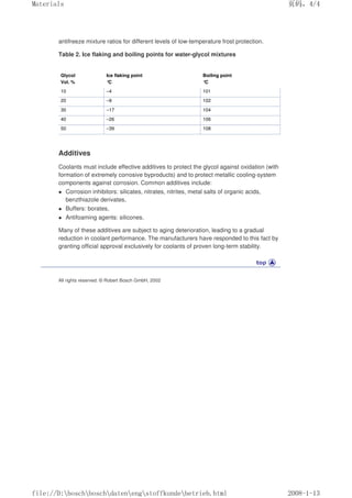 antifreeze mixture ratios for different levels of low-temperature frost protection.
Table 2. Ice flaking and boiling points for water-glycol mixtures
Glycol
Vol. %
Ice flaking point
°C
Boiling point
°C
10 –4 101
20 –9 102
30 –17 104
40 –26 106
50 –39 108
Additives
Coolants must include effective additives to protect the glycol against oxidation (with
formation of extremely corrosive byproducts) and to protect metallic cooling-system
components against corrosion. Common additives include:
 Corrosion inhibitors: silicates, nitrates, nitrites, metal salts of organic acids,
benzthiazole derivates,
 Buffers: borates,
 Antifoaming agents: silicones.
Many of these additives are subject to aging deterioration, leading to a gradual
reduction in coolant performance. The manufacturers have responded to this fact by
granting official approval exclusively for coolants of proven long-term stability.
All rights reserved. © Robert Bosch GmbH, 2002
页码，4/4
Materials
2008-1-13
file://D:boschboschdatenengstoffkundebetrieb.html
 