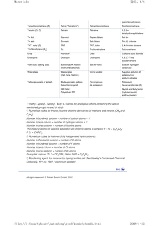 (perchloroethylene)
Tetrachloromethane (T) Tetra (Tetraform) Tetrachlorométhane Perchloromethane
Tetralin (O, C) Tetralin Tétraline 1.2.3.4-
tetrahydronaphthalene
Tin foil Stanniol Papier d'étain Foil tin
Tin salt Zinnsalz Sel d'étain Tin (II) chloride
TNT; trotyl (E) TNT TNT; tolite 2.4.6-trinitro toluene
Trichlorethylene (Xn
) Tri Trichloréthylène Trichlorethene
Urea Harnstoff Urée Carbonic acid diamide
Urotropine Urotropin Urotropine 1.3.5.7-Tetra
acadamantane
Vichy salt; baking soda Bullrichsalz®; Natron
(Natriumbicarbonat)
Sel de Vichy Sodium hydrogen
carbonate
Waterglass Wasserglas
(Kali- bzw. Natron-)
Verre soluble Aqueous solution of
potassium or
sodium silicates
Yellow prussiate of potash Blutlaugensalz, gelbes;
Kaliumferrocyanid
Ferrocyanure
de potassium
Potassium
hexacyanoferrate (II)
GB-Ester;
Polysolvan O®
Glycol acid butyl ester
(hydroxic acetic
acid butylester)
1) methyl-, propyl-, i-propyl-, butyl-c.: names for analogous ethers containing the above
mentioned groups instead of ethyl-.
2) Numerical codes for freons (fluorine-chlorine derivatives of methane and ethane, CH4 and
C2H6):
Number in hundreds column = number of carbon atoms – 1
Number in tens column = number of hydrogen atoms + 1
Number in ones column = number of fluorine atoms
The missing atoms for valence saturation are chlorine atoms. Examples: F 113 = C2F3Cl3;
F 21 = CHFCl2
3) Numerical codes for halones (fully halogenated hydrocarbons):
Number in thousands column = number of C atoms
Number in hundreds column = number of F atoms
Number in tens column = number of Cl atoms
Number in ones column = number of Br atoms
Examples: halone 1211 = CF2ClBr; Halon 2402 = C2F4Br2
4) Mordanting agent, for instance for dyeing textiles red. See Hawley's Condensed Chemical
Dictionary, 11th ed. 1987, Aluminium acetate.
All rights reserved. © Robert Bosch GmbH, 2002
页码，4/4
Materials
2008-1-13
file://D:boschboschdatenengstoffkundechemik.html
 