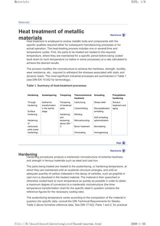 Materials
Heat treatment of metallic
materials
Heat treatment is employed to endow metallic tools and components with the
specific qualities required either for subsequent manufacturing processes or for
actual operation. The heat-treating process includes one or several time and
temperature cycles. First, the parts to be treated are heated to the required
temperature, where they are maintained for a specific period before being cooled
back down to room temperature (or below in some processes) at a rate calculated to
achieve the desired results.
The process modifies the microstructure to achieve the hardness, strength, ductility,
wear resistance, etc., required to withstand the stresses associated with static and
dynamic loads. The most significant industrial processes are summarized in Table 1
(see DIN EN 10 052 for terminology).
Table 1. Summary of heat-treatment processes
Hardening Austempering Tempering Thermochemical
treatment
Annealing Precipitation
hardening
Through
hardening
Surface
hardening
Hardening
of
carburized
parts (case-
hardening)
Isothermic
transformation
in the bainite
stage
Tempering
of hardened
parts
Hardening
and
tempering
above 550 °
C
Carburizing
Carbonitriding
Nitriding
Nitrocarburizing
Boron treatment
Chromating
Stress-relief
Recrystallization
annealing
Soft annealing,
spheroidization
Normalizing
Homogenizing
Solution
treatment and
aging
Hardening
Hardening procedures produce a martensitic microstructure of extreme hardness
and strength in ferrous materials such as steel and cast iron.
The parts being treated are heated to the austenitizing, or hardening temperature, at
which they are maintained until an austenitic structure emerges, and until an
adequate quantity of carbon (released in the decay of carbides, such as graphite in
cast iron) is dissolved in the treated material. The material is then quenched or
otherwise cooled back to room temperature as quickly as possible in order to obtain
a maximum degree of conversion to a martensitic microstructure (the time-
temperature transformation chart for the specific steel in question contains the
reference figures for the necessary cooling rate).
The austenitizing temperature varies according to the composition of the material in
question (for specific data, consult the DIN Technical Requirements for Steels).
Table 2 above furnishes reference data. See DIN 17 022, Parts 1 and 2, for practical
页码，1/9
Materials
2008-1-30
file://D:boschboschdatenengstoffkundewaerme.html
 