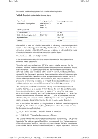 information on hardening procedures for tools and components.
Table 2. Standard austenitizing temperatures
Type of steel Quality specification Austenitizing temperature°C
Unalloyed and low-alloy steels DIN EN 10 083-1
DIN 17 211
DIN 17 212
780...950
 0.8% by mass of C
≥ 0.8% by mass of C – 780...820
Cold- and hot-working tool steels DIN 17 350 950...1100
High-speed steels 1150...1230
Cast iron – 850...900
Not all types of steel and cast iron are suitable for hardening. The following equation
describes the hardening potential for alloyed and unalloyed steels with mass carbon
contents of between 0.15 and 0.60 %, and can be applied to estimate the hardness
levels achievable with a completely martensitic microstructure:
Max. hardness = 35 + 50 · (%C) ± 2 HRC
If the microstructure does not consist entirely of martensite, then the maximum
hardness will not be reached.
When the carbon content exceeds 0.6 % by mass, it may be assumed that the
material's structure contains untransformed austenite (residual austenite) in addition
to the martensite. This condition prevents the maximum hardness from being
achieved, and the wear resistance will be lower. In addition, residual austenite is
metastable, i.e. there exists a potential for subsequent transformation to martensite
at temperatures below room temperature or under stress, with changes in specific
volume and internal stress as the possible results. Low-temperature follow-up
procedures or tempering operations at over 230 °C can be useful in cases where
residual austenite is an unavoidable product of the hardening procedure.
The surface and core hardnesses remain virtually identical in components with
material thicknesses up to approx. 10 mm. Beyond this point the core hardness is
lower; there is a hardness progression or gradient. The rate of the progression
depends upon the hardening response (testing described in DIN 50 191), which is a
function of the material's composition (Mo, Mn, Cr). This factor requires particular
attention with parts which do not cool well (thick parts and/or slow or graduated
cooling processes designed to minimize the risk of cracks and/or distortion).
DIN 50 150 defines the method for using hardness as the basis for estimating tensile
strength Rm; this method can only be applied in cases where the surface and core
hardnesses are virtually identical:
Rm ≈ (34...37.7) · Rockwell C hardness number in N/mm2 or
Rm ≈ (3.2...3.35) · Vickers hardness number in N/mm2
.
The specific volume of the martensitic microstructure is approximately 1.0 % greater
than that of the original material. In addition, stresses result from the rearrangement
of the microstructure and from contraction during cooling. As the latter phenomenon
does not take place at a uniform rate in all sections of the part, it produces variations
页码，2/9
Materials
2008-1-30
file://D:boschboschdatenengstoffkundewaerme.html
 
