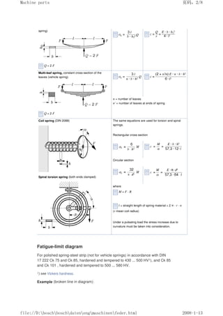 spring)
Q = 2 F
Multi-leaf spring, constant cross-section of the
leaves (vehicle spring)
Q = 2 F
n = number of leaves
n' = number of leaves at ends of spring
Coil spring (DIN 2088)
Spiral torsion spring (both ends clamped)
The same equations are used for torsion and spiral
springs.
Rectangular cross-section
Circular section
where
M = F · R
l = straight length of spring material = 2 π · r · n
(r mean coil radius)
Under a pulsating load the stress increase due to
curvature must be taken into consideration.
Fatigue-limit diagram
For polished spring-steel strip (not for vehicle springs) in accordance with DIN
17 222 Ck 75 and Ck 85, hardened and tempered to 430 ... 500 HV1), and Ck 85
and Ck 101 , hardened and tempered to 500 ... 580 HV.
1) see Vickers hardness.
Example (broken line in diagram):
页码，2/8
Machine parts
2008-1-13
file://D:boschboschdatenengmaschinenfeder.html
 