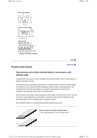 Positive belt drives
Synchronous drive belts (toothed belts) in accordance with
DIN/ISO 5296
Toothed belts are used in motor vehicles as camshaft drives, and in some cases as
ignition distributor drives.
Synchronous drive belts with trapezoidal or rounded teeth combine the advantages
of a belt drive (any desired distance between pulley centers, quiet operation, low
maintenance) with the advantages of a positive transmission (synchronous
operation, low bearing stress due to low shaft load).
Synchronous drive belts must be guided on both sides to prevent them from running
off. This is accomplished by using either a toothed pulley with two flanges or two
toothed pulleys with one flange each on opposite sides.
See DIN/ISO 5294 for corresponding toothed-pulley dimensions.
Synchronous drive belts (toothed belts)
1 with trapezoidal teeth, 2 with rounded teeth.
页码，7/8
Machine parts
2008-1-13
file://D:boschboschdatenengmaschinenriemen.html
 