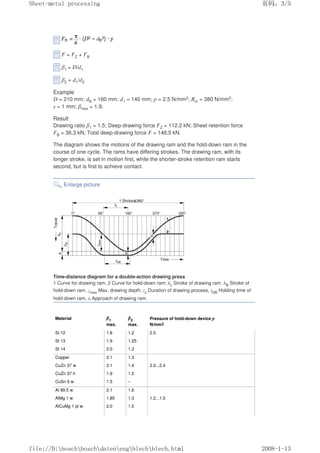 F = FZ + FB
β1 = D/d1
β2 = d1/d2
Example
D = 210 mm; dB = 160 mm; d1 = 140 mm; p = 2.5 N/mm2; Rm = 380 N/mm2;
s = 1 mm; βmax = 1.9.
Result
Drawing ratio β1 = 1.5; Deep-drawing force FZ = 112.2 kN; Sheet retention force
FB = 36.3 kN; Total deep-drawing force F = 148.5 kN.
The diagram shows the motions of the drawing ram and the hold-down ram in the
course of one cycle. The rams have differing strokes. The drawing ram, with its
longer stroke, is set in motion first, while the shorter-stroke retention ram starts
second, but is first to achieve contact.
Enlarge picture
Time-distance diagram for a double-action drawing press
1 Curve for drawing ram, 2 Curve for hold-down ram; hz Stroke of drawing ram, hB Stroke of
hold-down ram, zmax Max. drawing depth, tz Duration of drawing process, tHB Holding time of
hold-down ram, α Approach of drawing ram.
Material β1
max.
β2
max.
Pressure of hold-down device p
N/mm2
St 12 1.8 1.2 2.5
St 13 1.9 1.25
St 14 2.0 1.3
Copper 2.1 1.3
CuZn 37 w 2.1 1.4 2.0...2.4
CuZn 37 h 1.9 1.2
CuSn 6 w 1.5 –
Al 99.5 w 2.1 1.6
AlMg 1 w 1.85 1.3 1.2...1.5
AlCuMg 1 pl w 2.0 1.5
义ⷕˈ
6KHHWPHWDOSURFHVVLQJ

ILOH'?ERVFK?ERVFK?GDWHQ?HQJ?EOHFK?EOHFKKWPO
 