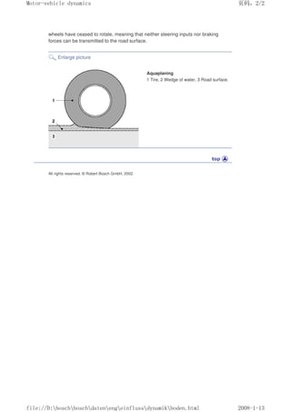 wheels have ceased to rotate, meaning that neither steering inputs nor braking
forces can be transmitted to the road surface.
Enlarge picture
Aquaplaning
1 Tire, 2 Wedge of water, 3 Road surface.
All rights reserved. © Robert Bosch GmbH, 2002
义ⷕˈ
0RWRUYHKLFOHGQDPLFV

ILOH'?ERVFK?ERVFK?GDWHQ?HQJ?HLQIOXVV?GQDPLN?ERGHQKWPO
 