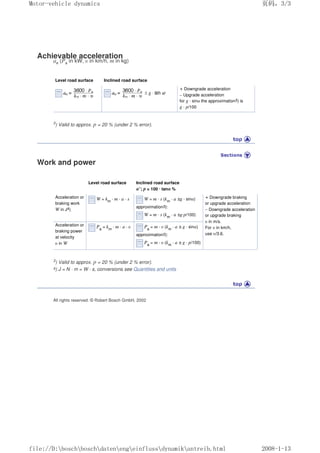 Achievable acceleration
ae (Pa in kW, υ in km/h, m in kg)
Level road surface Inclined road surface
+ Downgrade acceleration
– Upgrade acceleration
for g · sinα the approximation3) is
g · p/100
3
) Valid to approx. p = 20 % (under 2 % error).
Work and power
Level road surface Inclined road surface
α°; p = 100 · tanα %
Acceleration or
braking work
W in J4)
W = km
· m · a · s W = m · s (km
· a ±g · sinα)
approximation3):
W = m · s (km
· a ±g·p/100)
+ Downgrade braking
or upgrade acceleration
– Downgrade acceleration
or upgrade braking
υ in m/s.
For υ in km/h,
use υ/3.6.
Acceleration or
braking power
at velocity
υ in W
Pa
= km
· m · a · υ Pa
= m · υ (km
· a ±g · sinα)
approximation3):
Pa
= m · υ (km
· a ±g · p/100)
3) Valid to approx. p = 20 % (under 2 % error).
4) J = N · m = W · s, conversions see Quantities and units
All rights reserved. © Robert Bosch GmbH, 2002
义ⷕˈ
0RWRUYHKLFOHGQDPLFV

ILOH'?ERVFK?ERVFK?GDWHQ?HQJ?HLQIOXVV?GQDPLN?DQWUHLEKWPO
 
