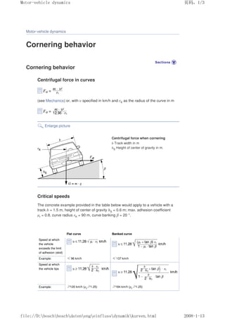 Motor-vehicle dynamics
Cornering behavior
Cornering behavior
Centrifugal force in curves
(see Mechanics) or, with υ specified in km/h and rK as the radius of the curve in m
Enlarge picture
Centrifugal force when cornering
b Track width in m
hS Height of center of gravity in m.
Critical speeds
The concrete example provided in the table below would apply to a vehicle with a
track b = 1.5 m, height of center of gravity hS = 0.6 m; max. adhesion coefficient
µr = 0.8, curve radius rK = 90 m, curve banking β = 20 °.
Flat curve Banked curve
Speed at which
the vehicle
exceeds the limit
of adhesion (skid)
Example: İ96 km/h İ137 km/h
Speed at which
the vehicle tips
Example: ı120 km/h (µr
ı1.25) ı184 km/h (µr
ı1.25)
义ⷕˈ
0RWRUYHKLFOHGQDPLFV

ILOH'?ERVFK?ERVFK?GDWHQ?HQJ?HLQIOXVV?GQDPLN?NXUYHQKWPO
 