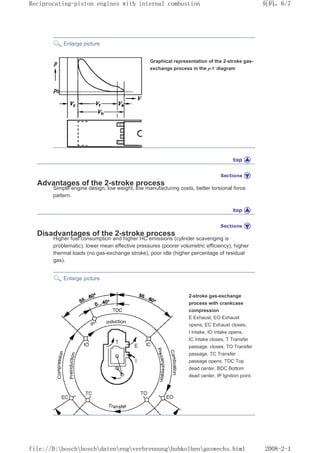 Enlarge picture
Graphical representation of the 2-stroke gas-
exchange process in the p-V diagram
Advantages of the 2-stroke process
Simple engine design, low weight, low manufacturing costs, better torsional force
pattern.
Disadvantages of the 2-stroke process
Higher fuel consumption and higher HC emissions (cylinder scavenging is
problematic), lower mean effective pressures (poorer volumetric efficiency), higher
thermal loads (no gas-exchange stroke), poor idle (higher percentage of residual
gas).
Enlarge picture
2-stroke gas-exchange
process with crankcase
compression
E Exhaust, EO Exhaust
opens, EC Exhaust closes,
I Intake, IO Intake opens,
IC Intake closes, T Transfer
passage, closes, TO Transfer
passage, TC Transfer
passage opens, TDC Top
dead center, BDC Bottom
dead center, IP Ignition point.
页码，6/7
Reciprocating-piston engines with internal combustion
2008-2-1
file://D:boschboschdatenengverbrennunghubkolbengaswechs.html
 
