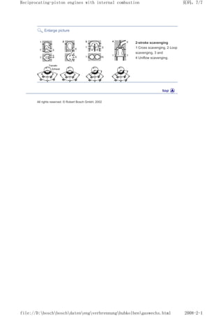 Enlarge picture
2-stroke scavenging
1 Cross scavenging, 2 Loop
scavenging, 3 and
4 Uniflow scavenging.
All rights reserved. © Robert Bosch GmbH, 2002
页码，7/7
Reciprocating-piston engines with internal combustion
2008-2-1
file://D:boschboschdatenengverbrennunghubkolbengaswechs.html
 