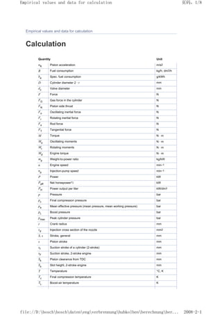 Empirical values and data for calculation
Calculation
Quantity Unit
αK Piston acceleration m/s2
B Fuel consumption kg/h; dm3/h
be Spec. fuel consumption g/kWh
D Cylinder diameter 2 · r mm
dv Valve diameter mm
F Force N
FG Gas force in the cylinder N
FN Piston side thrust N
Fo Oscillating inertial force N
Fr Rotating inertial force N
Fs Rod force N
FT Tangential force N
M Torque N · m
Mo Oscillating moments N · m
Mr Rotating moments N · m
Md Engine torque N · m
mp Weight-to-power ratio kg/kW
n Engine speed min–1
np Injection-pump speed min–1
P Power kW
Peff Net horsepower1) kW
PH Power output per liter kW/dm3
p Pressure bar
pc Final compression pressure bar
pe Mean effective pressure (mean pressure, mean working pressure) bar
pL Boost pressure bar
pmax Peak cylinder pressure bar
r Crank radius mm
sd Injection cross section of the nozzle mm2
S, s Stroke, general mm
s Piston stroke mm
sf Suction stroke of a cylinder (2-stroke) mm
sF Suction stroke, 2-stroke engine mm
Sk Piston clearance from TDC mm
Ss Slot height, 2-stroke engine mm
T Temperature °C, K
Tc Final compression temperature K
TL Boost-air temperature K
页码，1/8
Empirical values and data for calculation
2008-2-1
file://D:boschboschdatenengverbrennunghubkolbenberechnungber...
 