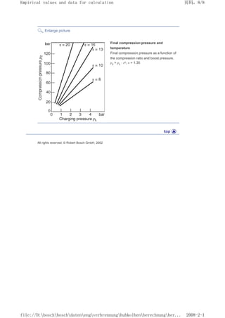 Enlarge picture
Final compression pressure and
temperature
Final compression pressure as a function of
the compression ratio and boost pressure.
pc = pL · εn, n = 1.35
All rights reserved. © Robert Bosch GmbH, 2002
页码，8/8
Empirical values and data for calculation
2008-2-1
file://D:boschboschdatenengverbrennunghubkolbenberechnungber...
 