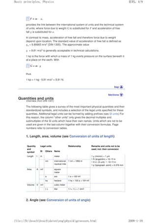 provides the link between the international system of units and the technical system
of units, where force due to weight G is substituted for F and acceleration of free
fall g is substituted for a.
In contrast to mass, acceleration of free fall and therefore force due to weight
depend upon location. The standard value of acceleration of free fall is defined as
gn = 9.80665 m/s2 (DIN 1305). The approximate value
g = 9.81 m/s2 is generally acceptable in technical calculations.
1 kp is the force with which a mass of 1 kg exerts pressure on the surface beneath it
at a place on the earth. With
thus
1 kp = 1 kg · 9.81 m/s2 = 9.81 N.
Quantities and units
Overview (from DIN 1301)
The following table gives a survey of the most important physical quantities and their
standardized symbols, and includes a selection of the legal units specified for these
quantities. Additional legal units can be formed by adding prefixes (see SI units) For
this reason, the column other units only gives the decimal multiples and
submultiples of the Sl units which have their own names. Units which are not to be
used are given in the last column together with their conversion formulas. Page
numbers refer to conversion tables.
1. Length, area, volume (see Conversion of units of length)
Quantity
and
symbol
Legal units Relationship Remarks and units not to be
used, incl. their conversion
SI Others Name
Length l m meter 1 µ (micron) = 1 µm
1 Å (ångström) = 10–10 m
1 X.U. (X-unit) ≈10–13 m
1 p (typograph. point) = 0.376 mm
nm international
nautical mile
1 nm = 1852 m
Area A m2 square
meter
a are 1 a = 100 m2
ha hectare 1 ha = 100 a = 104 m2
Volume V m3 cubic meter
l, L liter 1 l = 1 L = 1 dm3
2. Angle (see Conversion of units of angle)
页码，4/9
Basic principles, Physics
2008-1-10
file://D:boschboschdatenengphysikgroessen.html
 