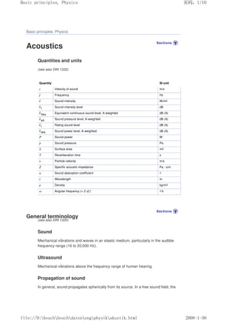 Basic principles, Physics
Acoustics
Quantities and units
(see also DIN 1332)
Quantity SI unit
c Velocity of sound m/s
f Frequency Hz
I Sound intensity W/m2
LI Sound intensity level dB
LAeq Equivalent continuous sound level, A-weighted dB (A)
LpA Sound pressure level, A-weighted dB (A)
Lr Rating sound level dB (A)
LWA Sound power level, A-weighted dB (A)
P Sound power W
p Sound pressure Pa
S Surface area m2
T Reverberation time s
υ Particle velocity m/s
Z Specific acoustic impedance Pa · s/m
α Sound absorption coefficient 1
λ Wavelength m
ρ Density kg/m3
ω Angular frequency (= 2 πf ) 1/s
General terminology
(see also DIN 1320)
Sound
Mechanical vibrations and waves in an elastic medium, particularly in the audible
frequency range (16 to 20,000 Hz).
Ultrasound
Mechanical vibrations above the frequency range of human hearing.
Propagation of sound
In general, sound propagates spherically from its source. In a free sound field, the
页码，1/10
Basic principles, Physics
2008-1-30
file://D:boschboschdatenengphysikakustik.html
 