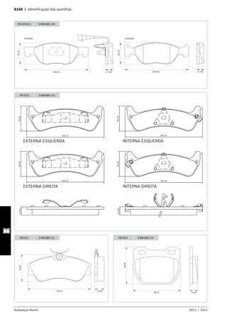 Autopeças Bosch 2011  |  2012
B168  |  Identificação das pastilhas 	
PB 0249 A/1 0 986 BB0 149
INTERNA EXTERNA
52,70
156,30 17,50
52,70
156,30 17,50
140.10
140.10 140.10
140.10
45.2045.2014.60
45.2014.6045.20
EXTERNA ESQUERDA
EXTERNA DIREITA INTERNA DIREITA
INTERNA ESQUERDA
PB 0250 0 986 BB0 150
PB 0251 0 986 BB0 151
130,00 19,00
56,00
PB 0252 0 986 BB0 152
88,30 14,50
68,80
 
