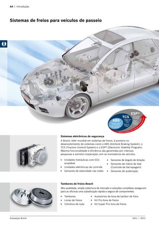 ABS
Frenagem e desvio
com segurança
Frenado y desviación
con seguridad
TCS
Acelerar sem
patinar as
rodas
Acelerar sin
patinar las
ruedas
ESP®
Evita a perda
de controle
do veículo
Evita la
pérdida de
control del
vehículo
Direção com segurança ativa / Dirección
con
seguridadactiva
A4 | Introdução
Sistemas de freios para veículos de passeio
Tambores de freios Bosch
Alta qualidade, ampla cobertura de mercado e soluções completas asseguram
para as oficinas uma substituição rápida e segura de componentes.
Sistemas eletrônicos de segurança
A Bosch, líder mundial em sistemas de freios, é pioneira no
desenvolvimento de sistemas como o ABS (Antilock Braking System), o
TCS (Traction Control System) e o ESP® (Electronic Stability Program).
Máxima funcionalidade e eficiência são garantidas por intensas
pesquisas e estreita cooperação com as montadoras de veículos.
Autopeças Bosch 2011  |  2012
EE Tambores
EE Lonas de freios
EE Cilindros de roda
EE Acessórios de lona de tambor de freio
EE Kit Pro lona de freios
EE Kit Super Pro lona de freios
EE Unidades hidráulicas com ECU
acoplável
EE Unidades eletrônicas de controle
EE Sensores de velocidade nas rodas
EE Sensores de ângulo de direção
EE Sensores de índice de Yaw
(Controle de Derrapagem)
EE Sensores de aceleração
 