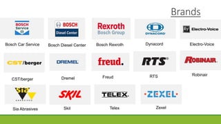 Brands
Bosch Car Service Bosch Diesel Center Bosch Rexroth
CST/berger Dremel
Dynacord Electro-Voice
Freud RTS
Sia Abrasives
Robinair
Skil Telex Zexel
 