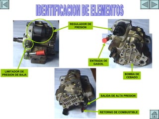 IDENTIFICACION ELEMENTOS LIMITADOR DE PRESION DE BAJA ENTRADA DE GASOIL BOMBA DE CEBADO SALIDA DE ALTA PRESION RETORNO DE COMBUSTIBLE REGULADOR DE PRESION IDENTIFICACION DE ELEMENTOS 