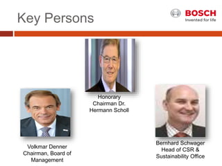 Key Persons
Honorary
Chairman Dr.
Hermann Scholl
Bernhard Schwager
Head of CSR &
Sustainability Office
Volkmar Denner
Chairman, Board of
Management
 