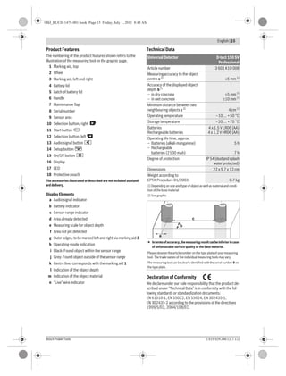 English | 15
Bosch Power Tools 1 619 929 J48 | (1.7.11)
Product Features
The numbering of the product features shown refers to the
illustration of the measuring tool on the graphic page.
1 Marking aid, top
2 Wheel
3 Marking aid, left and right
4 Battery lid
5 Latch of battery lid
6 Handle
7 Maintenance flap
8 Serial number
9 Sensor area
10 Selection button, right
11 Start button
12 Selection button, left
13 Audio signal button
14 Setup button
15 On/Off button
16 Display
17 LED
18 Protective pouch
The accessories illustrated or described are not included as stand-
ard delivery.
Display Elements
a Audio signal indicator
b Battery indicator
c Sensor-range indicator
d Area already detected
e Measuring scale for object depth
f Area not yet detected
g Outer edges, to be marked left and right via marking aid 3
h Operating-mode indication
i Black: Found object within the sensor range
j Grey: Found object outside of the sensor range
k Centre line, corresponds with the marking aid 1
l Indication of the object depth
m Indication of the object material
n “Live” wire indicator
Technical Data
Declaration of Conformity
We declare under our sole responsibility that the product de-
scribed under “Technical Data” is in conformity with the fol-
lowing standards or standardization documents:
EN 61010-1, EN 55022, EN 55024, EN 302435-1,
EN 302435-2 according to the provisions of the directives
1999/5/EC, 2004/108/EC.
Start
Setup
Universal Detector D-tect 150 SV
Professional
Article number 3 601 K10 008
Measuring accuracy to the object
centre a2)
±5 mm1)
Accuracy of the displayed object
depth b2)
– in dry concrete
– in wet concrete
±5 mm1)
±10 mm1)
Minimum distance between two
neighbouring objects c2)
4 cm1)
Operating temperature –10 ... +50 °C
Storage temperature –20 ... +70 °C
Batteries
Rechargeable batteries
4 x 1.5 V LR06 (AA)
4 x 1.2 V HR06 (AA)
Operating life time, approx.
– Batteries (alkali-manganese)
– Rechargeable
batteries (2500 mAh)
5 h
7 h
Degree of protection IP 54(dustandsplash
water protected)
Dimensions 22 x 9.7 x 12 cm
Weight according to
EPTA-Procedure 01/2003 0.7 kg
1) Depending on size and type of object as well as material and condi-
tion of the base material
2) See graphic
Intermsofaccuracy,themeasuringresultcanbeinferiorincase
of unfavourable surface quality of the base material.
Please observe the article number on the type plate of your measuring
tool. The trade names of the individual measuring tools may vary.
The measuring tool can be clearly identified with the serial number 8 on
the type plate.
c
b
a
OBJ_BUCH-1478-001.book Page 15 Friday, July 1, 2011 8:48 AM
 