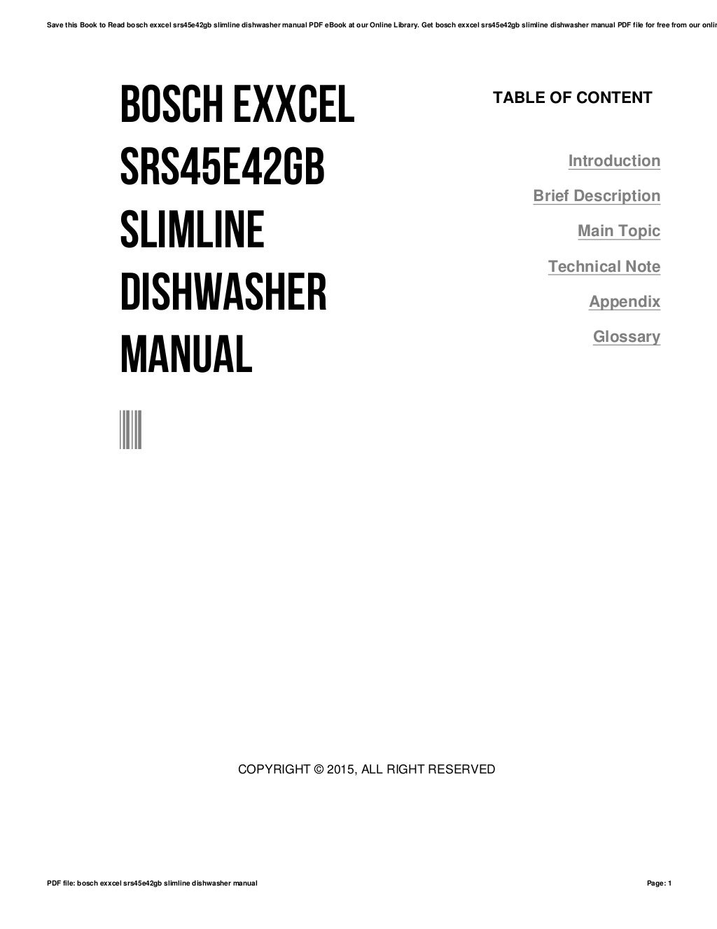 Bosch exxcel srs45e42gb slimline dishwasher manual
