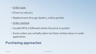• Order type:
• Direct to industry
• Replacement through dealers, online portals
• Order method
• Usually RFQ is followed where the price is quoted
• Some orders are verbally taken but later written down in order
application.
14-Mar-14 B2B Marketing 20
Purchasing approaches
 