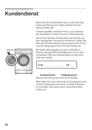 Kundendienst
Bevor Sie den Kundendienst rufen, prüfen Sie bitte,
ob Sie die Störung nicht selbst beheben können
(siehe ab Seite 29).
In Beratungsfällen entstehen Ihnen, auch während
der Garantiezeit, Kosten für einen Technikereinsatz.
Den für Sie nächsten Kundendienst können Sie aus
dem beiliegenden Verzeichnis entnehmen. Geben Sie
bitte dem Kundendienst die Erzeugnisnummer (EĆNr.)
und die Fertigungsnummer (FD) des Gerätes an.
Typschild

Sie finden diese Angaben auf dem Typschild im
Rahmen des geöffneten Einfüllfensters und im dick
umrandeten Feld des Geräteschildes auf der RückĆ
seite des Gerätes.

Typschild
EĆNr
.

FD

Erzeugnisnummer
Fertigungsnummer
Notieren Sie hier die Nummern Ihres Gerätes.
Bitte helfen Sie durch Nennung der Erzeugnisnummer
und der Fertigungsnummer mit, unnötige Anfahrten
zu vermeiden. Sie sparen damit verbundene MehrĆ
kosten ein.

32

 