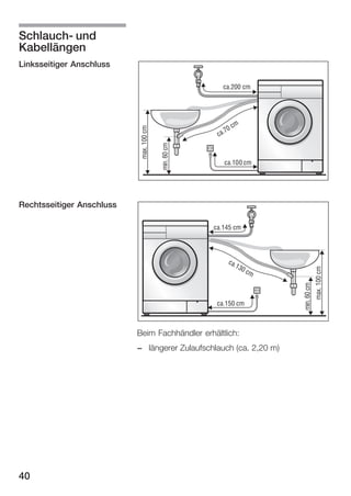 SchlauchĆ und
Kabellängen
Linksseitiger Anschluss

Rechtsseitiger Anschluss

Beim Fachhändler erhältlich:
- längerer Zulaufschlauch (ca. 2,20 m)

40

 