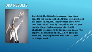 Since 2011, 124,000 selection records have been
added to the catalog and 18,121 titles were purchased
at a cost of $1,743,146. The purchased books have
seen over 124,000 uses. By comparison, the last year
that the Library had an approval plan (2010),
$1,116,803 was spent for 13,723 approval books. The
approval plan supplied about 275 new books per
week, the DDA program now adds over 700 new
records per week.
DDA RESULTS