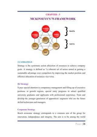 CHAPTER - 3

MCKINSEYS‟S 7S FRAMEWORK

3.1 STRATEGY
Strategy is the systematic action allocation of resources to achieve company
goals. A strategy is defined as “a coherent set of action aimed at gaining a
sustainable advantage over competitors by improving the market position and
effective allocation of resources vice versa.

Hr Strategy
It pays special attention to competence management and filling up of executive
positions in growth regions, special entry programs to attract qualified
university graduates and applicants with professional experience. Train and
develop the younger generation of apprentices/ engineers who are the future
skilled technicians and managers.

Corporate Strategy
Bosch economic strategy corresponds to a common aim of the group for
innovation, independence and integrity. The aim is to be among the world
P a g e | 26

 