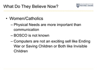 What Do They Believe Now?Women/CatholicsPhysical Needs are more important than communicationBOSCO is not knownComputers are not an exciting sell like Ending War or Saving Children or Both like Invisible Children