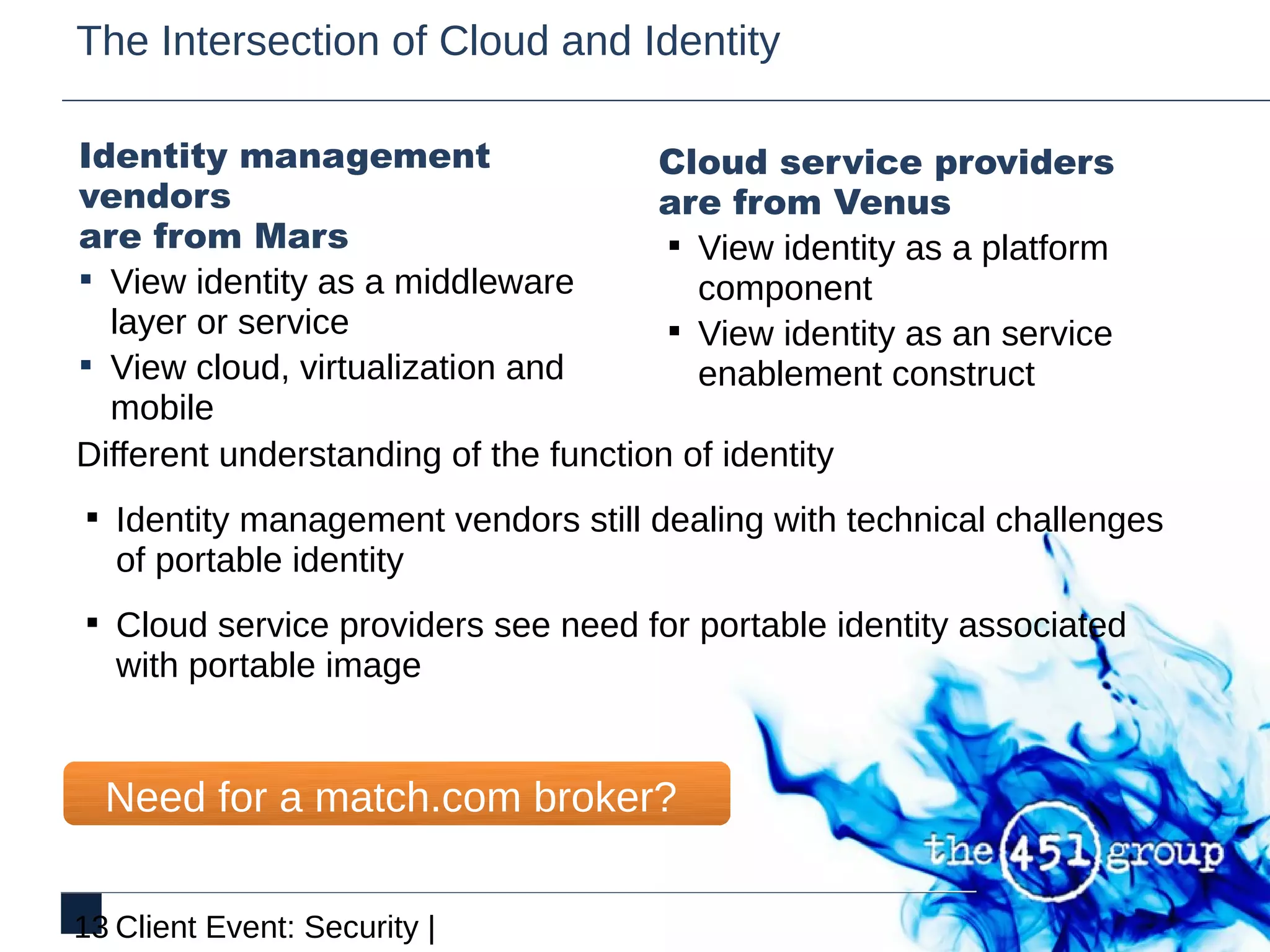 The Intersection of Cloud and Identity

Identity management                   Cloud service providers
vendors                               are from Venus
are from Mars                          § View identity as a platform
§ View identity as a middleware          component
  layer or service                     § View identity as an service
§ View cloud, virtualization and         enablement construct
  mobile
Different understanding of the function of identity
§ Identity management vendors still dealing with technical challenges
   of portable identity
§ Cloud service providers see need for portable identity associated
   with portable image


  Need for a match.com broker?

13 Client Event: Security |
 