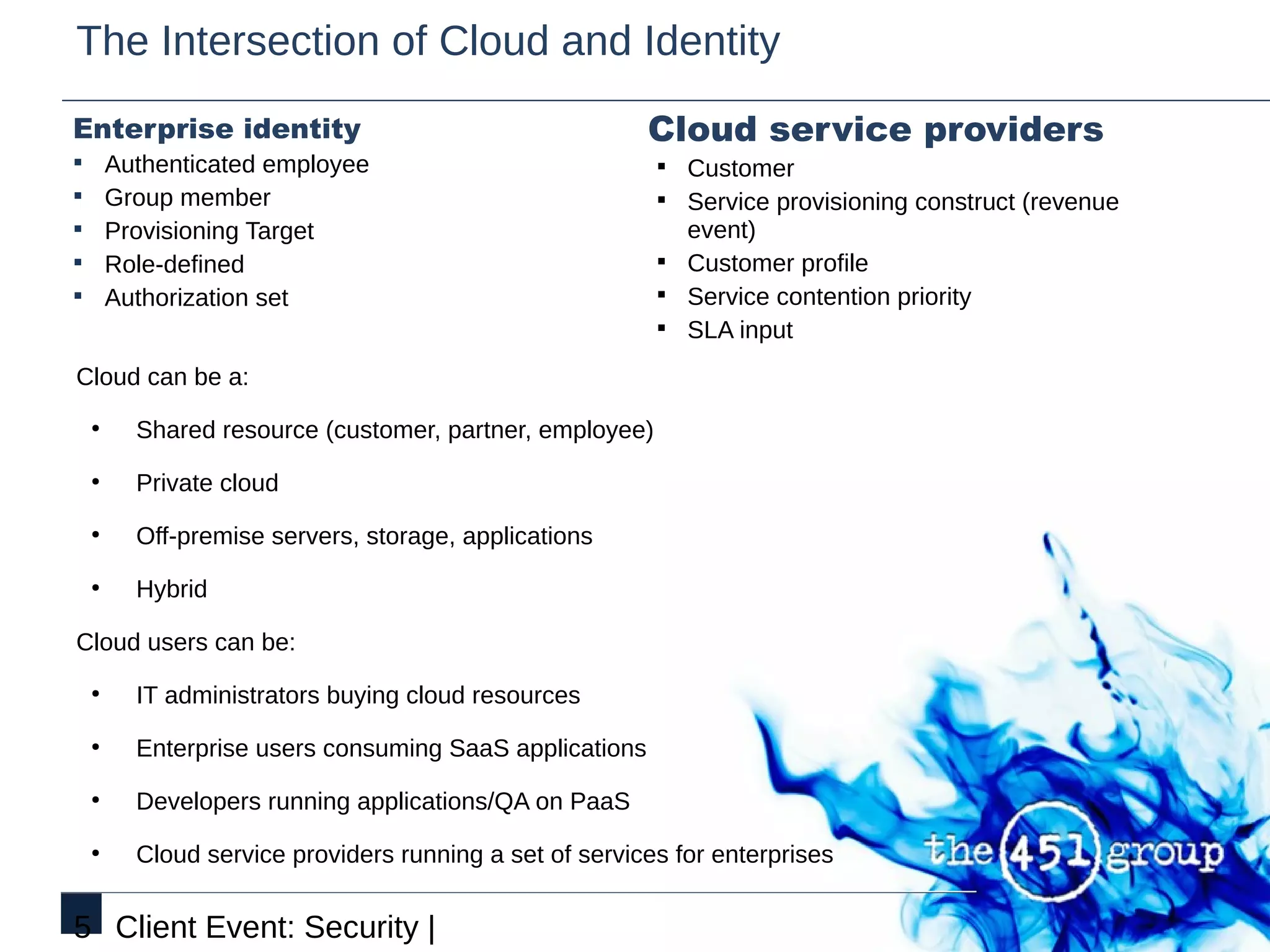 The Intersection of Cloud and Identity
Enterprise identity                                 Cloud service providers
§ Authenticated employee                             § Customer
§ Group member                                       § Service provisioning construct (revenue
§ Provisioning Target                                  event)
§ Role-defined                                       § Customer profile
§ Authorization set                                  § Service contention priority
                                                     § SLA input

Cloud can be a:
 ●
     Shared resource (customer, partner, employee)
 ●
     Private cloud
 ●
     Off-premise servers, storage, applications
 ●
     Hybrid

Cloud users can be:
 ●
     IT administrators buying cloud resources
 ●
     Enterprise users consuming SaaS applications
 ●
     Developers running applications/QA on PaaS
 ●
     Cloud service providers running a set of services for enterprises


5 Client Event: Security |
 