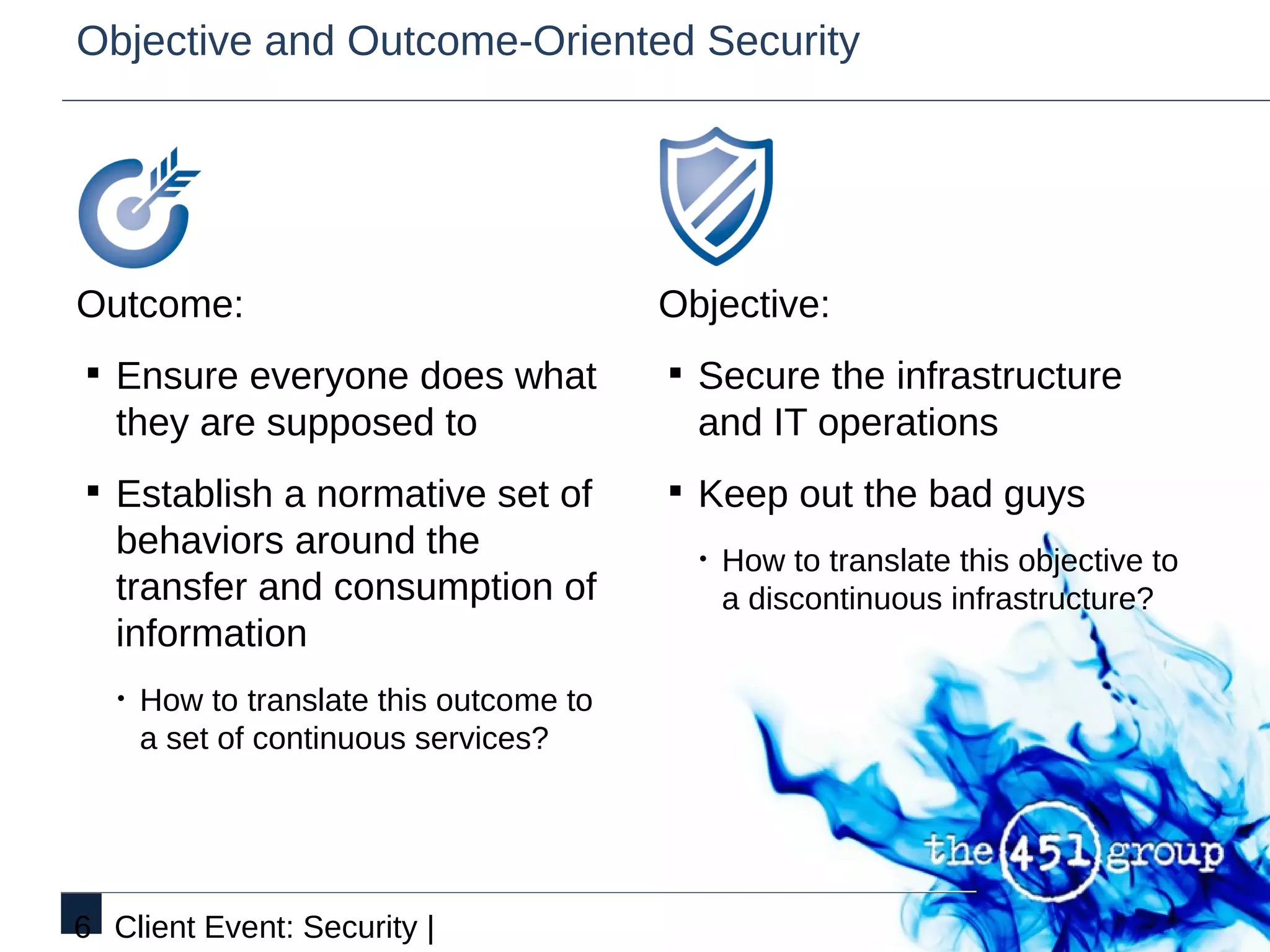 Objective and Outcome-Oriented Security




Outcome:                                  Objective:
§ Ensure everyone does what               § Secure the infrastructure
   they are supposed to                     and IT operations
§ Establish a normative set of            § Keep out the bad guys
   behaviors around the                     •   How to translate this objective to
   transfer and consumption of                  a discontinuous infrastructure?
   information
   •   How to translate this outcome to
       a set of continuous services?




6 Client Event: Security |
 
