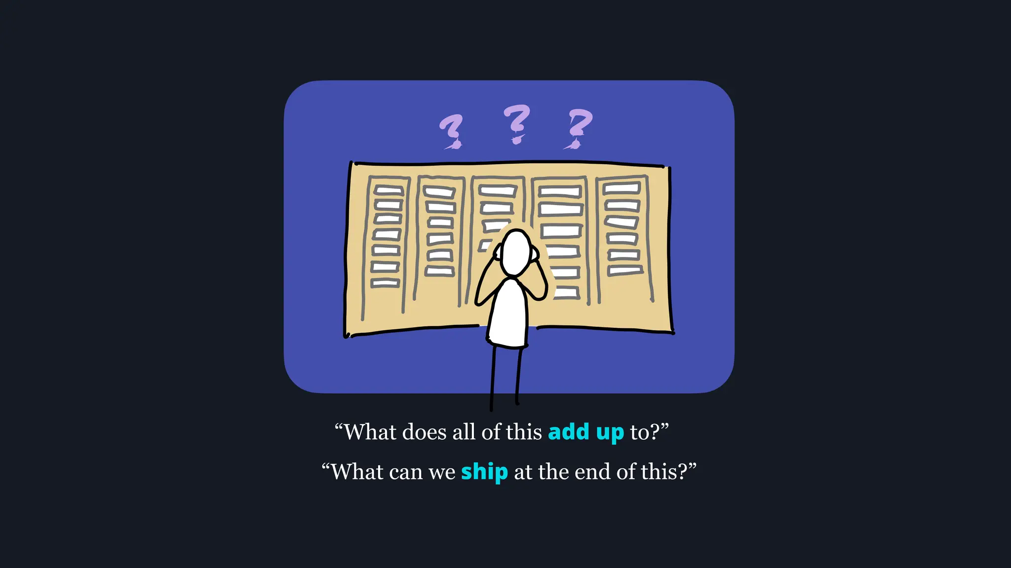 “What does all of this add up to?”
“What can we ship at the end of this?”
 