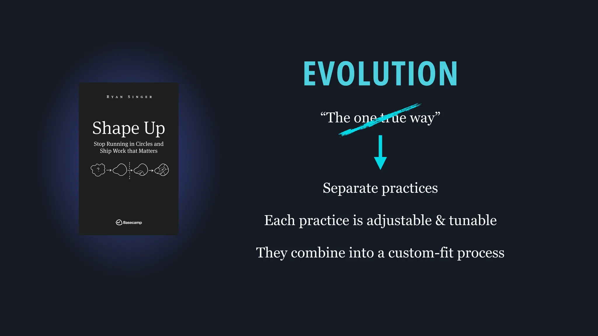 “The one true way”
Separate practices
Each practice is adjustable & tunable
They combine into a custom-fit process
EVOLUTION
 