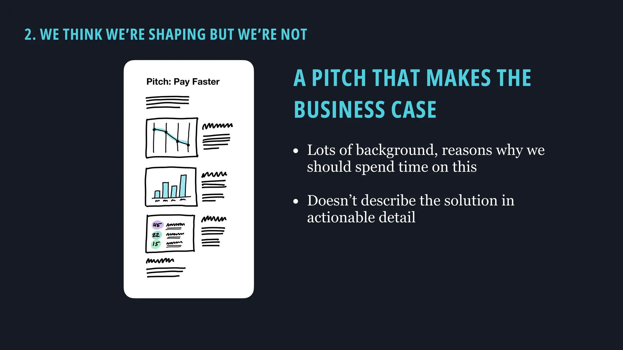 i
f
Ft
Pitch: Pay Faster
2. WE THINK WE’RE SHAPING BUT WE’RE NOT
A PITCH THAT MAKES THE
BUSINESS CASE
• Lots of background, reasons why we
should spend time on this
• Doesn’t describe the solution in
actionable detail
 