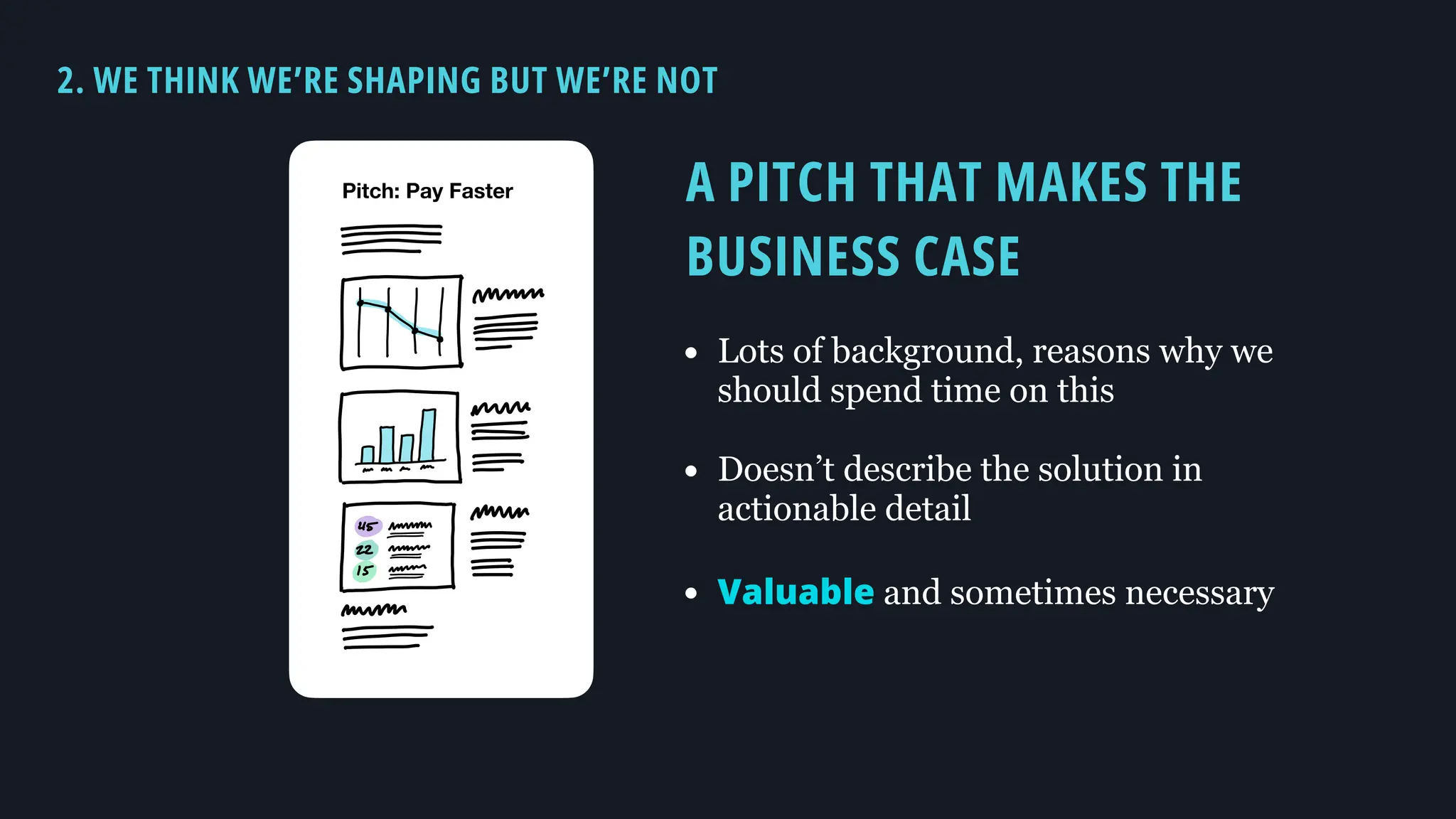 i
f
Ft
Pitch: Pay Faster
2. WE THINK WE’RE SHAPING BUT WE’RE NOT
A PITCH THAT MAKES THE
BUSINESS CASE
• Lots of background, reasons why we
should spend time on this
• Doesn’t describe the solution in
actionable detail
• Valuable and sometimes necessary
 