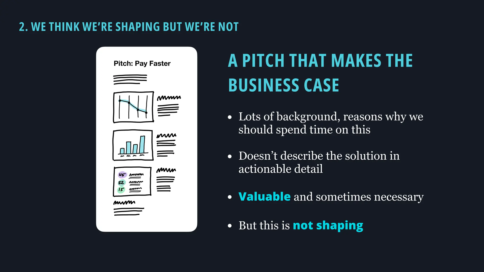 i
f
Ft
Pitch: Pay Faster
2. WE THINK WE’RE SHAPING BUT WE’RE NOT
A PITCH THAT MAKES THE
BUSINESS CASE
• Lots of background, reasons why we
should spend time on this
• Doesn’t describe the solution in
actionable detail
• Valuable and sometimes necessary
• But this is not shaping
 