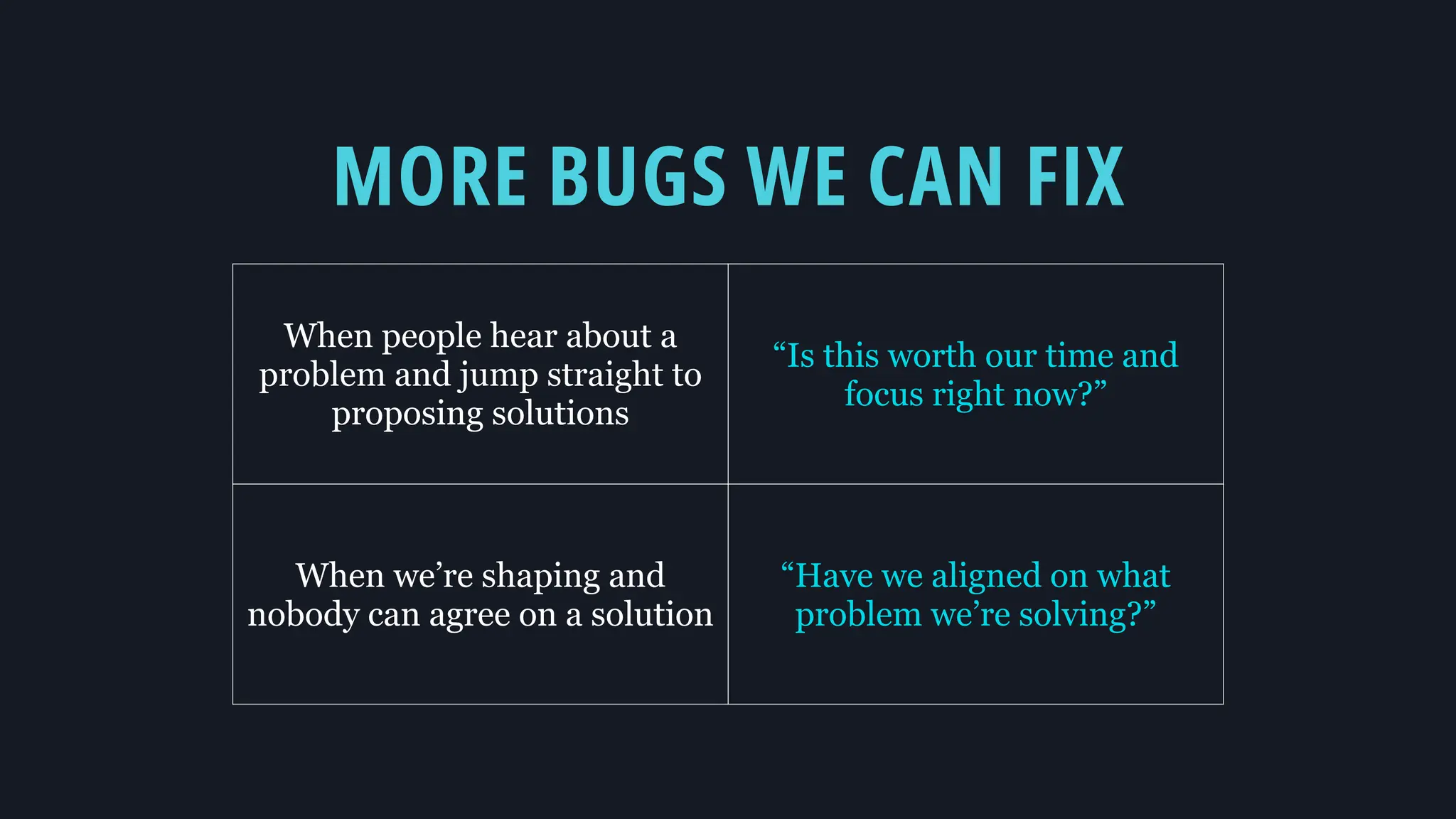 MORE BUGS WE CAN FIX
When people hear about a
problem and jump straight to
proposing solutions
“Is this worth our time and
focus right now?”
When we’re shaping and
nobody can agree on a solution
“Have we aligned on what
problem we’re solving?”
 