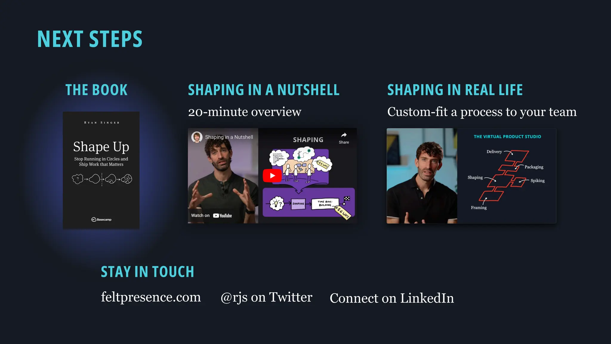 NEXT STEPS
SHAPING IN A NUTSHELL SHAPING IN REAL LIFE
20-minute overview Custom-fit a process to your team
THE BOOK
STAY IN TOUCH
feltpresence.com @rjs on Twitter Connect on LinkedIn
 