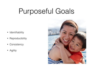 Purposeful Goals
• Identiﬁability
• Reproducibility
• Consistency
• Agility
 
