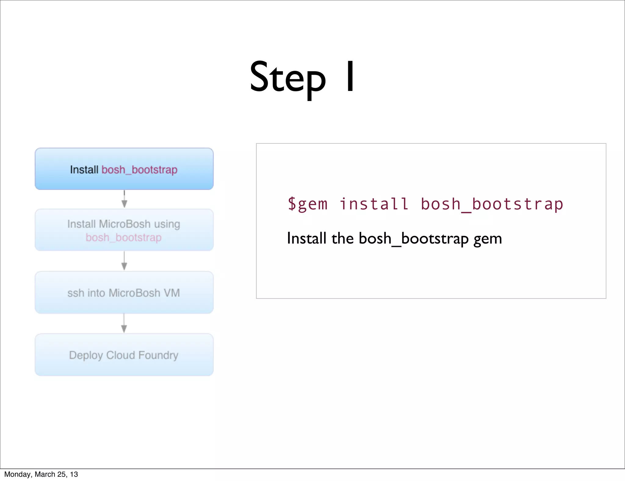 Step 1

                         $gem install bosh_bootstrap

                         Install the bosh_bootstrap gem




Monday, March 25, 13
 