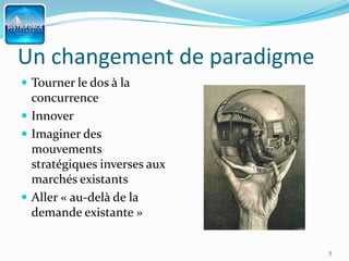 Un changement de paradigme
 Tourner le dos à la
  concurrence
 Innover
 Imaginer des
  mouvements
  stratégiques inverses aux
  marchés existants
 Aller « au-delà de la
  demande existante »


                              5
 